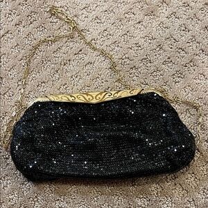 Whiting & Davis Elegant Black Sequin Clutch with Gold Chain vtg